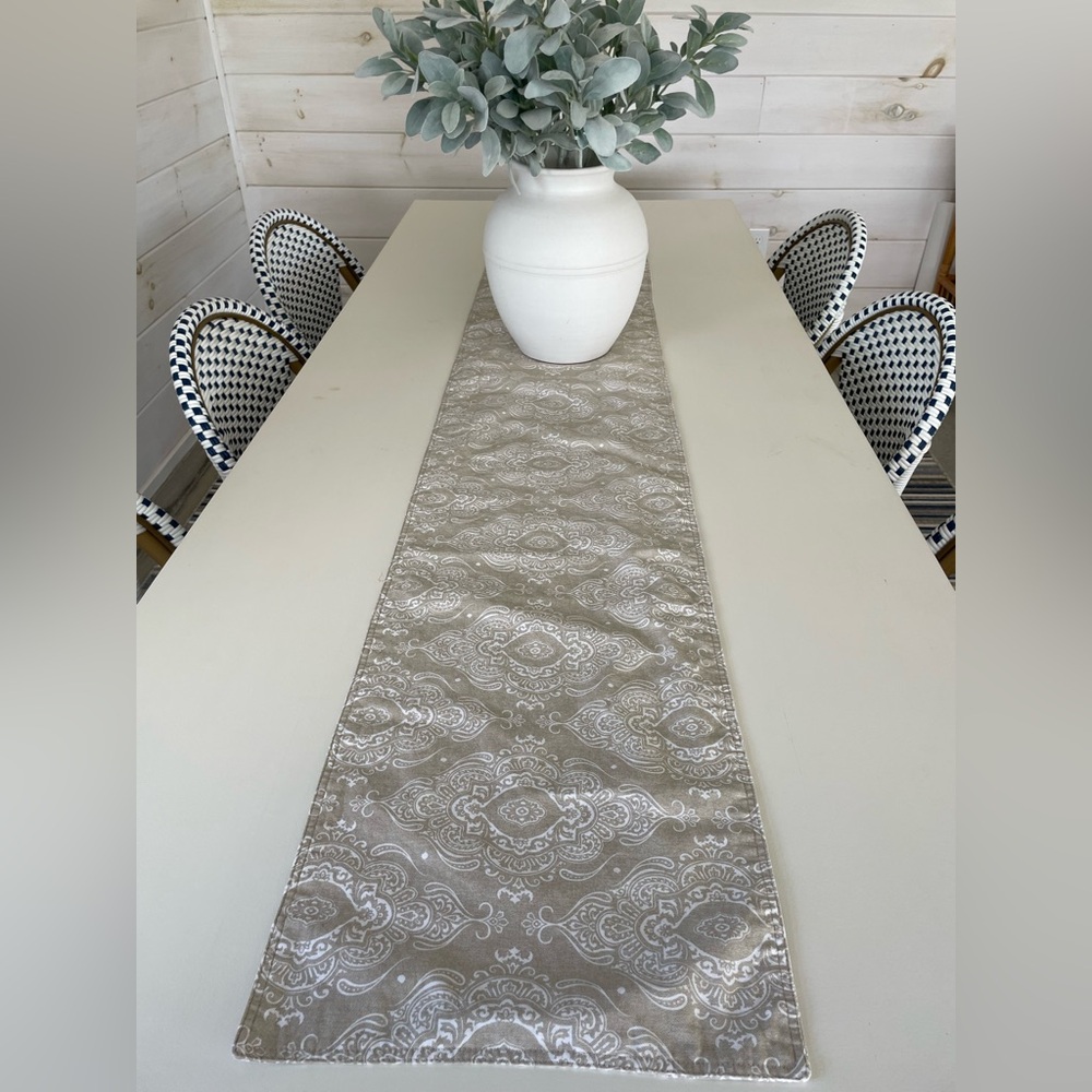 Tommy Hilfiger Long Table Runner - Beige and White Medallion - 14.75” X 86.75”